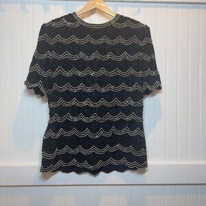 Vintage Black Evening Formal Beaded Scalloped Edge Glamour Party Blouse Elegant